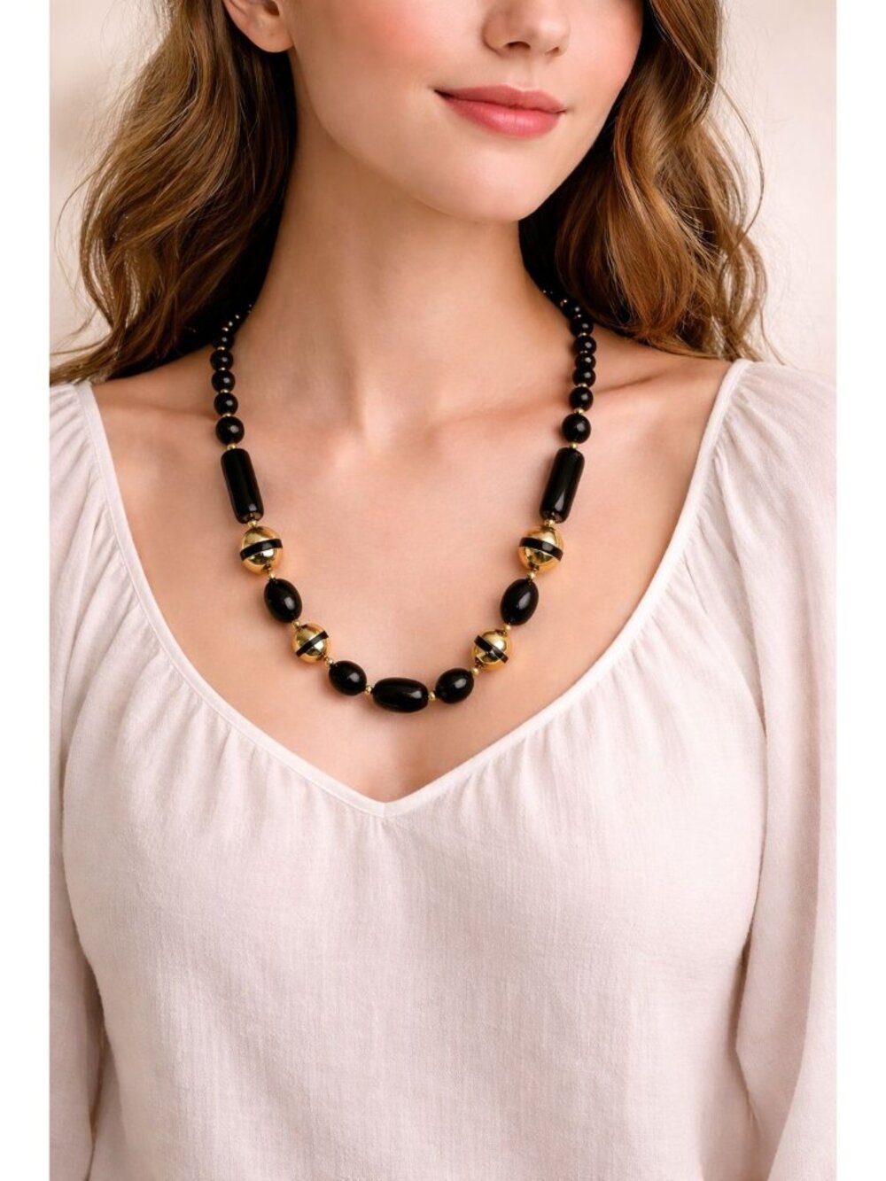 Vintage 1980s Trifari Black Gold Chunky Beaded 25 inch Necklace